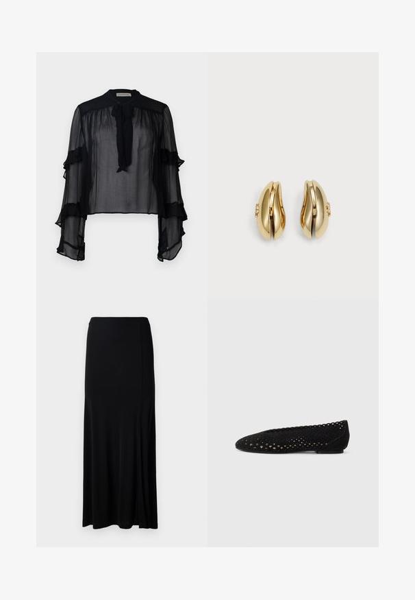 Černá průsvitná blůza s dlouhými volánkovými rukávy a zavazováním u krku. Vyznačuje se lehkým materiálem a volným střihem, ideální pro vrstvení.; Černá maxi sukně vyrobená z hladké látky, s bočním rozparkem, elastickým pasem a rovnými liniemi pro minimalistický design.; Černé baleríny vyrobené z perforované semišové kůže, s kulatou špičkou a vlnitými okraji. Ploché podrážky s jemnými detaily na povrchu.; Náušnice ve zlatém tónu s plynulým, zakřiveným designem. Každá náušnice má hladký povrch a malý uzávěr s ozdobným detailem.