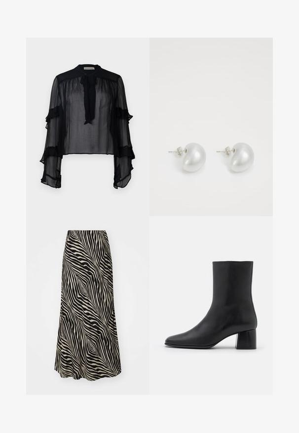 Bluză neagră transparentă cu mâneci lungi, volănașe și guler cu fundă. Prezintă un material ușor și o croială lejeră, potrivită pentru a fi purtată în straturi.; Fustă de lungime medie, dintr-un material neted, cu un model cu dungi ondulate negre și bej, lărgindu-se ușor de la talie până la tiv.; Botine negre din piele, cu vârf ascuțit și toc pătrat masiv. Textură netedă, cu un design fără cusături și cusături minimaliste.; Cercei din perlă argintie cu o formă curbată, asemănătoare unei boabe. Suprafață netedă și strălucitoare, asigurată cu un sistem de fixare tip tijă și spate.