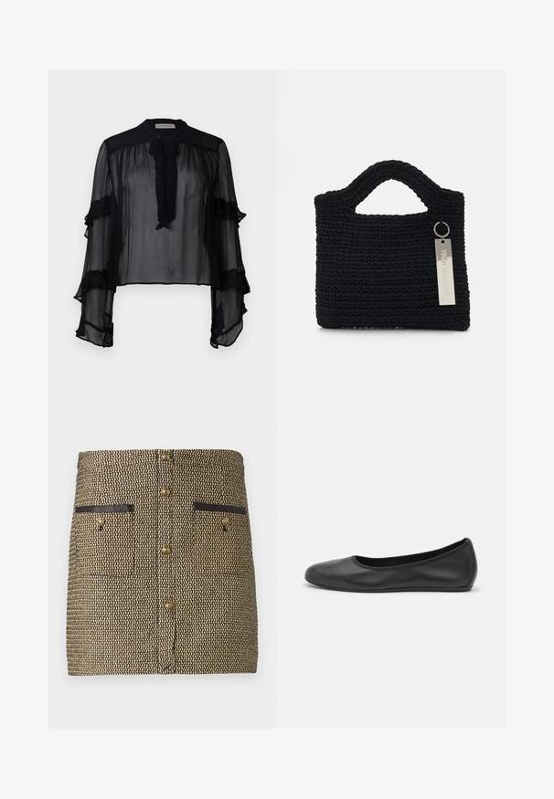 Crna prozirna bluza s dugim, naboranim rukavima i vezicom oko vrata. Karakterizira ju lagani materijal i opušteni kroj, pogodan za slojevito kombiniranje.; Tkana suknja s crno-zlatnim uzorkom, dva prednja džepa s crnim detaljima i zlatnim gumbima duž sredine.; Crne kožne baletanke s zaobljenim vrhom, glatke teksture, minimalnim detaljima šavova i fleksibilnim dizajnom potplata.; Won Hundred MARSIELLE COMPUTER BAG UNISEX - Torba za prijenosno računalo - black