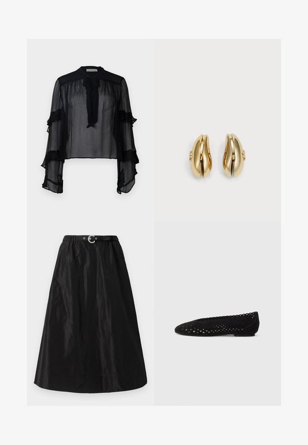 Černá průsvitná blůza s dlouhými volánkovými rukávy a zavazováním u krku. Vyznačuje se lehkým materiálem a volným střihem, ideální pro vrstvení.; Černá sukně vyrobená z lesklého, lehkého materiálu. Má elastický pas se stříbrnou sponou a hladký, áčkový siluetu.; Černé baleríny vyrobené z perforované semišové kůže, s kulatou špičkou a vlnitými okraji. Ploché podrážky s jemnými detaily na povrchu.; Náušnice ve zlatém tónu s plynulým, zakřiveným designem. Každá náušnice má hladký povrch a malý uzávěr s ozdobným detailem.