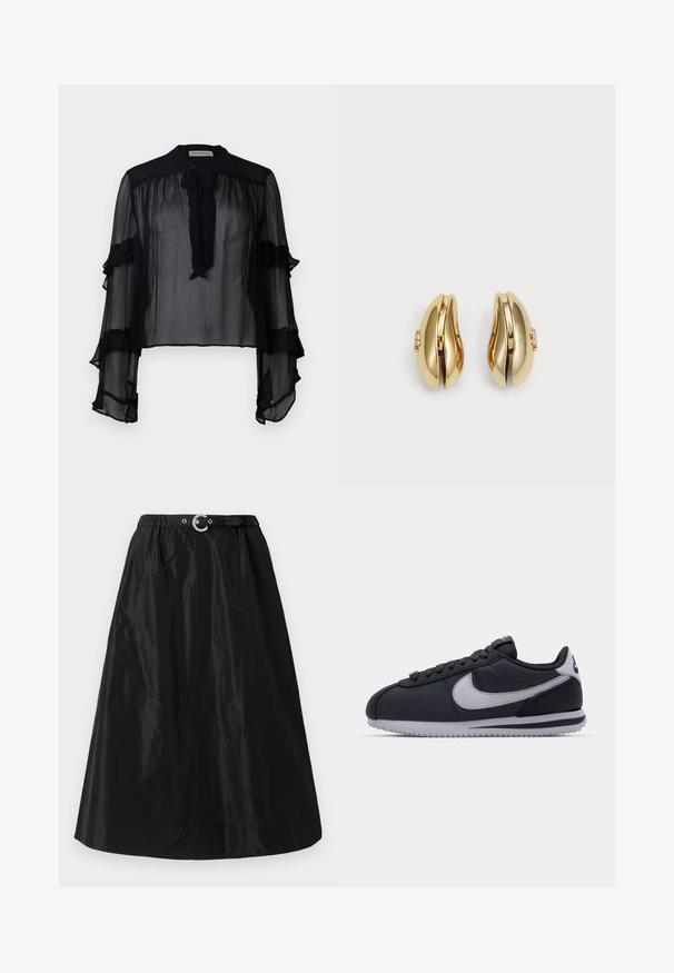 Sorte gennemsigtige bluse med lange, flæseærmer og bindebånd omkring halsen. Har letvægtsstof og en løs pasform, velegnet til lag-på-lag.; Sort nederdel lavet af skinnende, let materiale. Har en elastisk talje med en sølvspænde og en glat A-linje silhouette.; Sort atletisk sko med grå accenter, glat syntetisk overdel, tekstureret sål, afrundet tå og flade snørebånd. Klassisk design med logodetalje.; Guldringede øreringe med et flydende, buet design. Hver ørering har en glat overflade og en lille lukning med en dekorativ detalje.