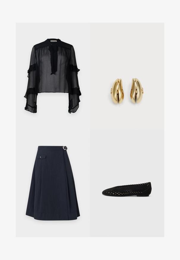 Mustan läpikuultava paita, jossa on pitkät, röyhelöidyt hihat ja nauhat kauluksessa. Valmistettu kevyestä kankaasta ja löysästä istuvuudesta, mikä sopii hyvin kerrospukeutumiseen.; Meriinin sininen A-linjainen hame, jossa on sivupainike, etutasku ja sileä, kevyt kangas, jossa on hieno kiilto.; Mustat balettikengät, jotka on valmistettu rei'itetystä mokasta, pyöreällä varvolla ja laineilevilla reunoilla. Tasapohja, jossa on hienovaraisia yksityiskohtia pinnalla.; Korvatekniikalla muotoillut kultasävytteiset korvakorut. Jokaisessa korvakorussa on sileäpintainen pinta ja pieni lukko, jossa on koristeellinen yksityiskohta.