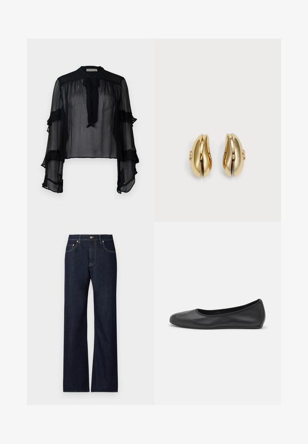 Čierna priesvitná blúzka s dlhými, volánkovými rukávmi a viazaným golierom. Má ľahkú tkaninu a voľný strih, vhodná na vrstvenie.; Tmavomodré džínsové nohavice so strihom rovného železa, s piatimi vreckami, kontrastným žltým prešívaním a kovovým zapínaním.; Čierne kožené baleríny s okrúhlou špičkou, hladkým povrchom, minimálnym prešívaním a flexibilným dizajnom podrážky.; Náušnice zlatého odtieňa s plynulým, zakriveným dizajnom. Každá náušnica má hladký povrch a malú sponu s dekoratívnym prvkom.