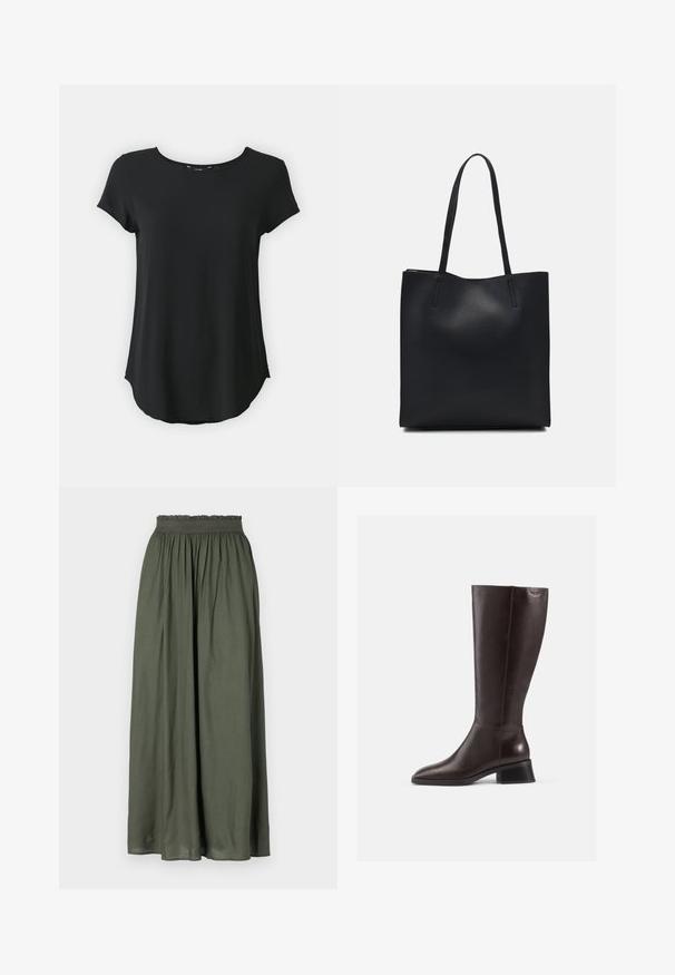 Melna īsām piedurknēm T-krekls ar apaļu kaklu, mīksta auduma, nedaudz izliekts apakšmalā un sānu šķēlumi, lai nodrošinātu brīvību kustībai. Nav redzamu rakstu.; Tumši zaļa maksi svārki, izgatavoti no viegla auduma, ar savilkta elastīga jostasvieta un plūstošu dizainu ar krokām.; Ceļa augstuma brūni ādas zābaki ar gludu apdari, noapaļota purngala un melnu žurnālā. Vienkāršs dizains ar minimālām detaļām.; Melnas ādas somiņa ar gludu tekstūru, taisnstūra formu un divām garām rokturiem. Nav redzamu aparatūras vai rotājumu.