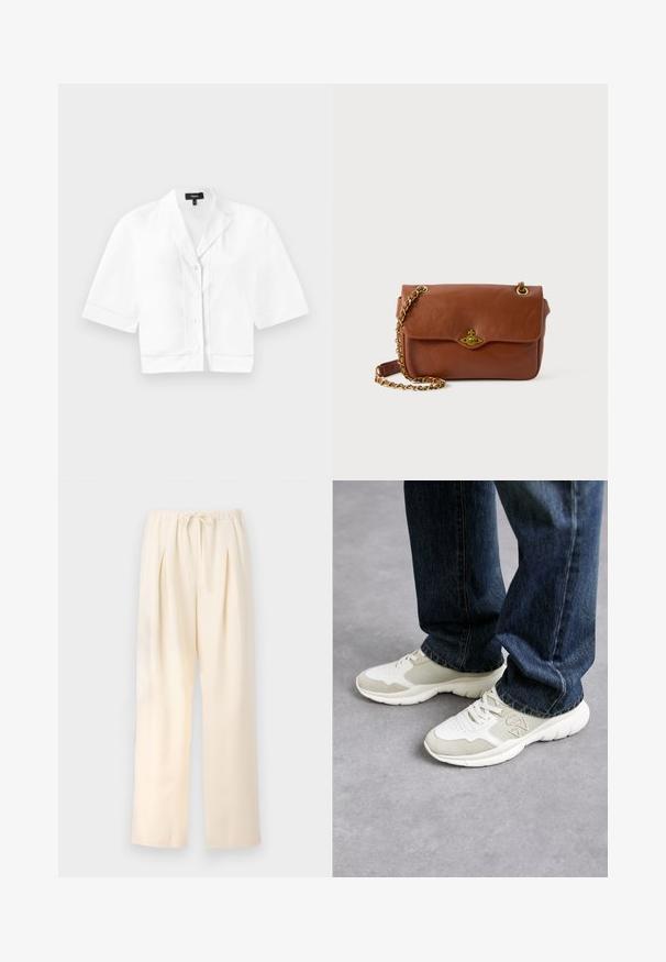 Cămașă albă scurtă, cu mânecă scurtă și guler ascuțit, având un cusut texturat discret pe margine și un finisaj dintr-un material neted.; Pantaloni plisati beji cu talie elastică și șnur ajustabil. Material ușor și design cu picioare largi și drepte.; Adidași în gri deschis și bej moale, din plasă cu accente de microfibra. Prezintă un design cu șireturi și o talpă groasă din cauciuc alb. Purtați cu blugi albaștri.; Geantă din piele maro, tip crossbody, cu închidere cu clapetă, elemente din aur și curea din lanț. Textură netedă, formă rectangulară, detalii minime.