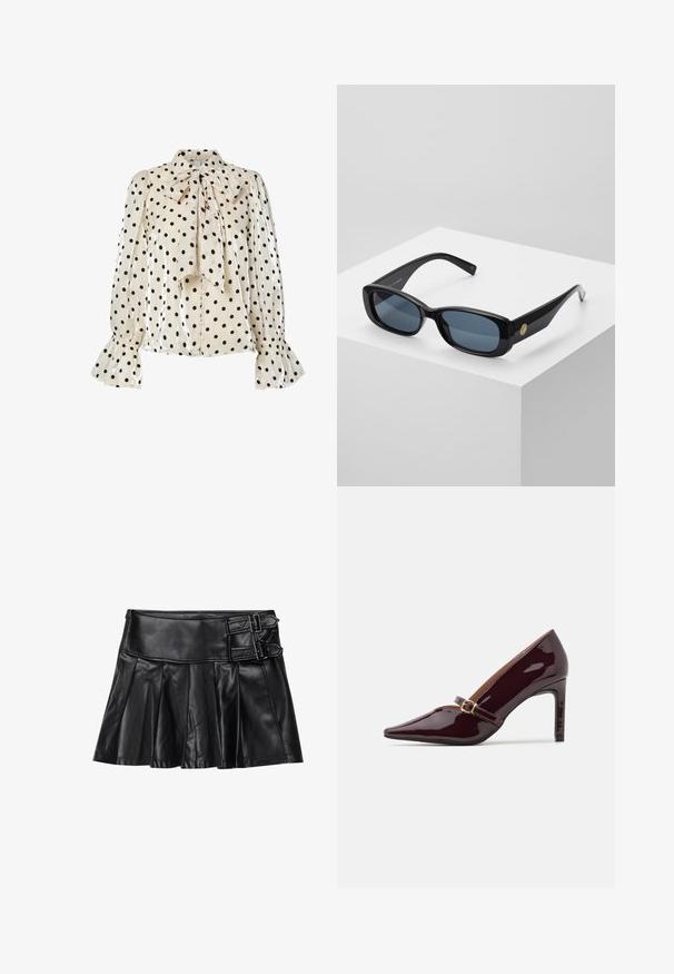 Cream blouse featuring black polka dots, a bow tie neck, and long puffed sleeves with flared cuffs; made of smooth, shiny fabric.; Black leather skirt with pleats, wide waistband, and two buckle accents on the side. Smooth texture with a glossy finish.; Patent burgundy high heel shoe with pointed toe, ankle strap featuring gold hardware, and a sleek, polished finish. Elevated stiletto heel.; Black rectangular sunglasses with tinted blue lenses, thick frames, and a gold circular accent on the side. Sleek, shiny finish.; Burgundy handbag made of synthetic material with a structured design, featuring a detachable strap and a floral-patterned scarf tied to the handle.