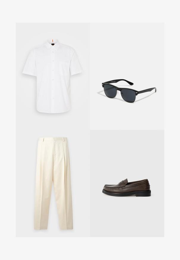 Valge lühikeste varrukatega nööbitav särk, mis on valmistatud puuvillast, sisaldab ühte rinna taskut, klassikalist krae ning peeneid õmblusdetailide.; HUGO FEDIX - Püksid - natural; Kohv تمن jai مسبق; Mustad mustmikrooni kujuga mustad prillid, tumedate klaasidega, hõbedased detailid templite juures ja mati viimistlusega raam.