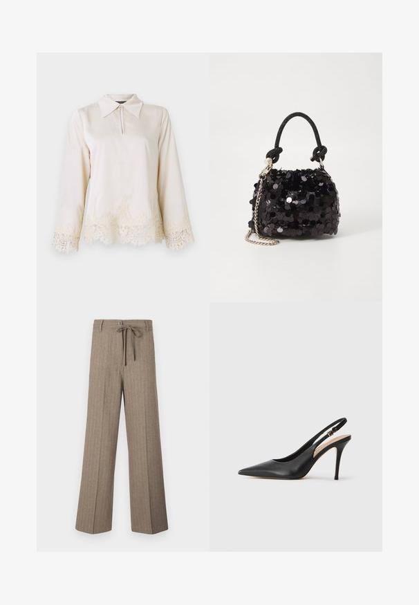 Tej blouse, galléros nyakkal, elöl cipzárral és hosszú ujjaival, bonyolult csipke díszítéssel az alján és az ujjak végén.; Barna csíkos nadrág laza szabással, megkötős derékkal, széles lábakkal és puha tapintással, szövetből készült.; Fekete bőr, slingback stílusú, magassarkú cipő, hegyes orral, sima felülettel, és egy finom pánttal, amelyen fémből készült csat található.; Fekete flitteres mini kézitáska csomózott textúrájú pánttal és ezüst lánccal. Lekerekített forma, ráncolt tetejével és fényvisszaverő részletekkel.
