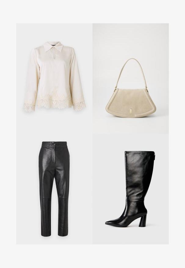 Cream blouse with a collared neckline, zip front, and long sleeves featuring intricate lace trim at the hem and sleeve edges.; Black leather pants with a polished finish, tailored design, straight leg shape, and subtle seam detailing. No visible hardware or accents.; Knee-high black leather boot with a pointed toe, smooth texture, and a chunky heel. Features a zipper detail at the back.; Beige suede handbag with a rounded triangular shape, a single strap, and a gold-tone hardware accent on the front.