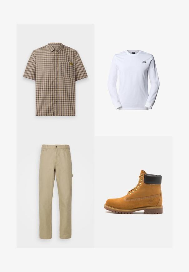 Koszula w kratę z krótkim rękawem w kolorze beżowym z granatowymi i brązowymi kwadratami, z kieszenią na piersi i żółtym logo na kieszeni.; Biała koszulka z długim rękawem, wykonana z bawełny, z okrągłym dekoltem i prążkowanymi mankietami. Na lewej piersi widnieje małe czarne logo.; Beżowe spodnie bawełniane z prostymi nogawkami, z przodem zapinanym na guzik, pięcioma kieszeniami i boczną kieszenią cargo.; Beżowe zamszowe botki sięgające kostki z czarną wyściełaną krawędzią, złotymi oczkami, białymi detalami szycia oraz wytrzymałą gumową podeszwą z wyraźnym bieżnikiem.