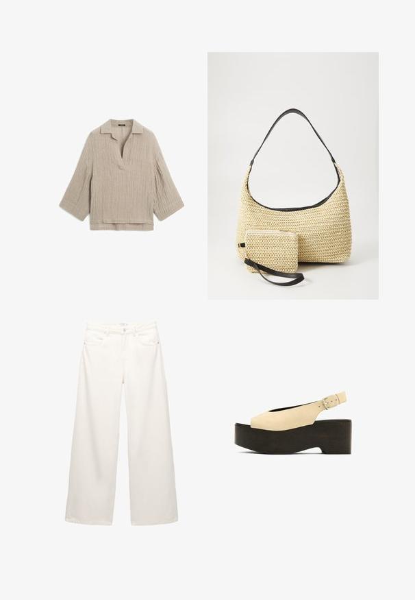 Blusa di lino beige chiaro con superficie texturizzata e stropicciata, colletto a punta e maniche a tre quarti, presenta una vestibilità rilassata e scollatura a V.; Jeans bianchi a gamba larga in denim con vita alta, dotati di tasche frontali e dettagli in metallo sulla chiusura con bottone e zip.; Sandali platform in suede beige con punta aperta, design slingback e base scura simile al legno, dotati di una fibbia metallica per la regolazione.; Borsa in paglia intrecciata con silhouette curva, dotata di una tracolla in pelle nera liscia e di una piccola pochette abbinata, attaccata da un cinturino da polso.