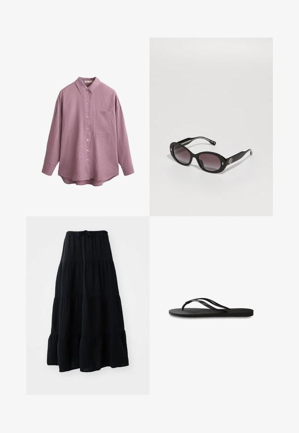 Camicia a maniche lunghe in tessuto lilla chiaro, con colletto classico, bottoni frontali e un taschino sul petto. Finitura strutturata, vestibilità rilassata.; Gonna nera a strati realizzata in tessuto leggero, con una vita elastica dotata di cordoncino e un design fluido e texturizzato.; Infradito neri con suola in gomma testurizzata, due cinghie sottili e un sottile dettaglio del logo impresso sulla cinghia.; Occhiali da sole neri con lenti scure a gradiente, forma ovale, finitura lucida, con un logo prominente sul lato e dettagli in argento.; Borsa bordeaux realizzata in materiale lucido, forma rettangolare, con due spallacci e sottili dettagli curvi nella parte anteriore.