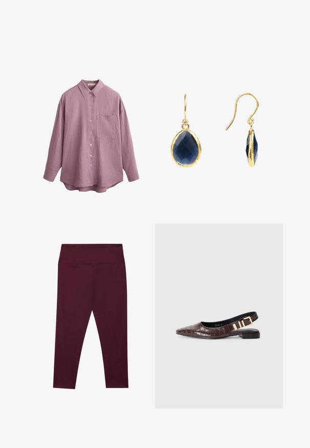 Camicia a maniche lunghe in tessuto lilla chiaro, con colletto classico, bottoni frontali e un taschino sul petto. Finitura strutturata, vestibilità rilassata.; Leggings bordeaux con vita alta, realizzati in un tessuto morbido e elasticizzato. Presentano un design senza cuciture e senza tasche esterne.; RAID RUCHI - Ballerine - brown; Orecchini in tonalità oro con un gemstone blu a forma di goccia d'acqua, dotato di una superficie sfaccettata e di un'incastonatura testurizzata.