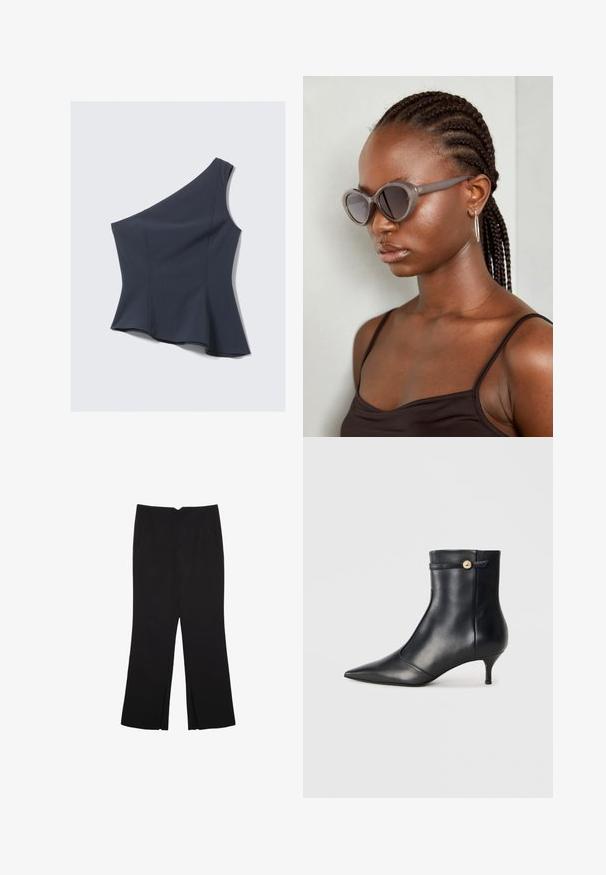 Asymmetrisk marineblå topp med en enkel skulderstropp, peplumkant, laget av glatt stoff, med klare sømmer og en tettsittende silhuett.; Mustat housut suoralinjaisella leikkauksella, joissa on etutaskut ja sivurei'ät helman alla. Valmistettu pehmeästä ja sileästä kankaasta. Sopii eri tilaisuuksiin.; Mustat nahkasaappaat nilkkaketjulla, jossa on terävä kärki ja pieni, kapeneva korko. Varustettu koristeellisella hihnalla, jossa on kultainen nappi. Tasainen pinta.; Harmaa ylisuuri aurinkolasit, joilla on pyöreä muoto ja tummat linssit. Tyylikäs muovikehys, jossa on sileä pinta. Mallilla on letitetty hiukset.