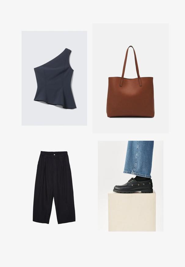 Asymmetrisches navy-blaues Oberteil mit einem einzelnen Schulterträger, Peplum-Saum, aus glattem Stoff, mit sauberen Nähten und einer taillierten Silhouette.; Schwarze Polyester-Culotte mit einem elastischen Bund, zwei vorderen Falten und einer lockeren Silhouette. Keine sichtbaren Muster oder Hardware-Details.; Schwarze Lederschuhe mit runder Zehenform, Schnürung und goldenen Ösen. Robuste Sohle. Getragen mit blauen Jeans, die die Schuhe leicht bedecken.; Braune Leder-Tote mit glatter Textur, offenem Oberteil und zwei Schulterriemen. Verfügt über minimale Nähte und keine sichtbaren Beschläge.