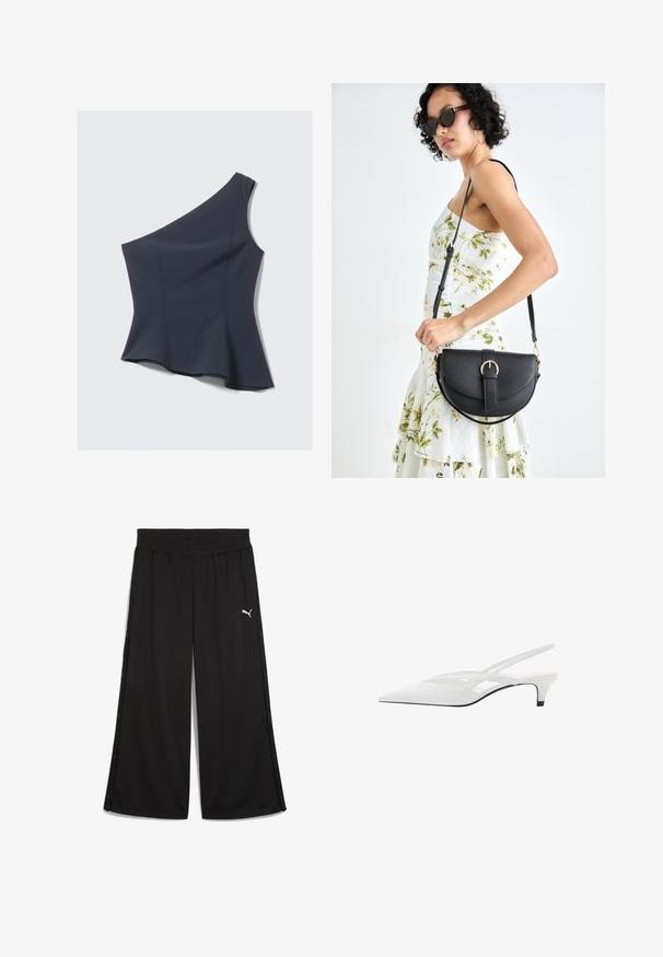 Asymmetrical navy top with a single shoulder strap, peplum hem, made of smooth fabric, featuring clean seams and a fitted silhouette.; Black sports pants with an elastic waistband, side snap buttons, and a white Puma logo on the front. Made of lightweight fabric.; White slingback heel with pointed toe, featuring a smooth upper, subtle cutouts, and a low block heel. Black sole accentuates design.; Black leather handbag with a curved shape, detachable strap, and gold hardware. The bag features a flap with a buckle detail.
