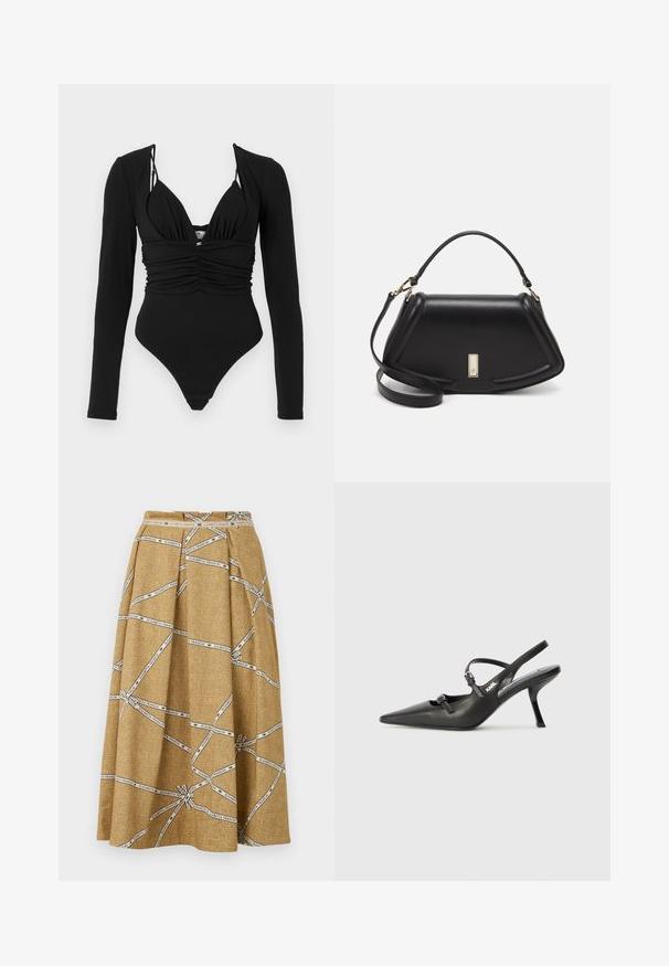 Čierny jednozostavový plavkový úbor s dlhými rukávmi, hlbokým výstrihom do V, zhlukovaným predným dielom a vysokými nohavičkami. Hladká textúra, minimálne kovové akcenty.; Plisovaná sukňa vyrobená z textúrovaného zlatého materiálu s bielym grafickým vzorom, na ktorom je text "ELISABETTA FRANCHI" v rôznych orientáciách.; Čierne kožené slingback topánky na vysokom podpätku s ostrou špicou, štíhlym podpätkom a dekoratívnym detailom s prackou na priehlavku. Hladká textúra a elegantný dizajn.; Čierna kožená kabelka so štruktúrovaným dizajnom, s krátkym tvarom, hornou rúčkou a zlatými prvkami. Súčasťou je nastaviteľný ramenný popruh.