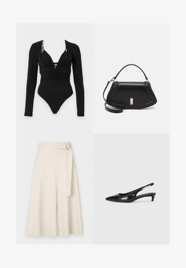 Schwarzer Einteiler-Badeanzug mit langen Ärmeln, tiefem V-Ausschnitt, gerafftem Vorderteil und hochgeschnittenen Beinausschnitten. Dezente Textur, minimale Hardware-Details.; Cremfarbene Kunstleder-Midirock mit breitem Bund, Gürteldetail und A-Linie-Silhouette. Glatte Textur mit genähten Nähten und minimalen Akzenten.; Schwarze Leder-Slingback-Pumps mit spitzem Schuhblatt, ausgestattet mit einem schlanken Absatz und einem goldfarbigen Akzent am verstellbaren Riemen. Glatte Textur.; Schwarze Lederhandtasche mit einem strukturierten Design, das eine verkürzte Form, einen oberen Griff und goldfarbene Hardware-Details aufweist. Verstellbarer Schulterriemen ist enthalten.