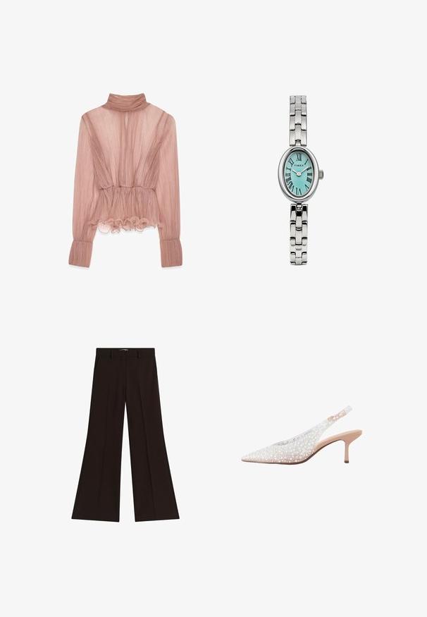 Jasnoróżowa bluzka plisowana z wysokim kołnierzem, falbanowym dołem oraz długimi rękawami, z teksturowanej tkaniny i dopasowanym taliowaniem.; Czarne, szerokie spodnie z wysokim stanem, z pętelkami na pasek i bocznymi kieszeniami, leżące płasko na białym tle.; Buty typu slingback z zaostrzonym czubkiem, wykonane z półprzezroczystego materiału, ozdobione białymi i perłowymi koralikami, z niskim obcasem i beżowym akcentem.; Srebrny zegarek Timex o owalnej tarczy, tealowym cyferblacie, rzymskich cyfrach oraz polerowanej metalowej bransolecie z teksturowanymi ogniwami.; Srebrne kolczyki z fakturowanym wzorem, z okrągłą, białą perłą w centrum, osadzone w falistej, ażurowej ramce.