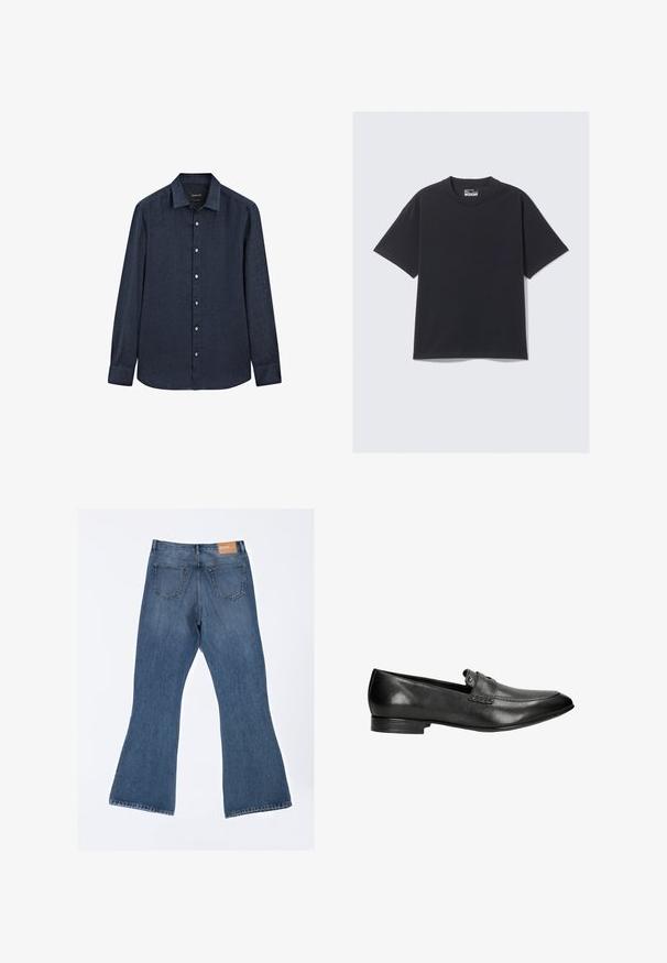 Massimo Dutti SLIM FIT GARMENT - Košile - dark blue; Černé bavlněné tričko s klasickým kulatým výstřihem, krátkými rukávy a volným střihem. Hladká textura s minimálními stehovými detaily.; Rozšířené modré džíny vyrobené z denimu, s vysokým pasem, pěti kapsami a nezpracovaným lemem na spodní straně. Štítek umístěný na pásu.; Černé kožené polobotky s nízkým podpatkem, kulatou špičkou a dekorativním prošíváním. Mají jemný pásek přes nárt s kovovým akcentem.