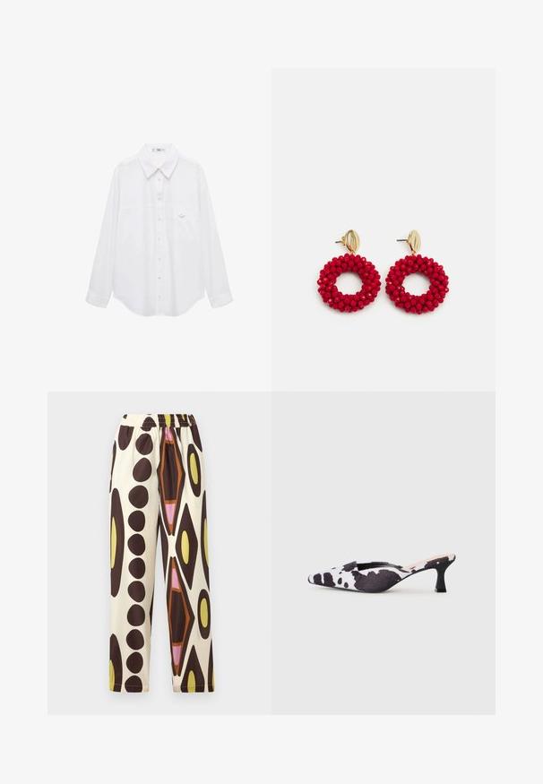 Witte shirt met knoopjes, gemaakt van gladde stof. Heeft een klassieke kraag, lange mouwen en een klein borstzakje met een knoopdetail.; Elastische broek in een lichtgewicht stof, met een crème achtergrond en grote bruine, gele, roze en oranje geometrische patronen.; Puntige slingbackhakken in zwart-wit koeienprintdesign. Bovenwerk van stof met een gestructureerde afwerking en een slanke zwarte hak.; Rode kralen oorbellen in een ringvorm met een gegroefde oppervlakte en een gouden sluiting. Cirkelvormig met een open midden en afgeronde kraaldetails.