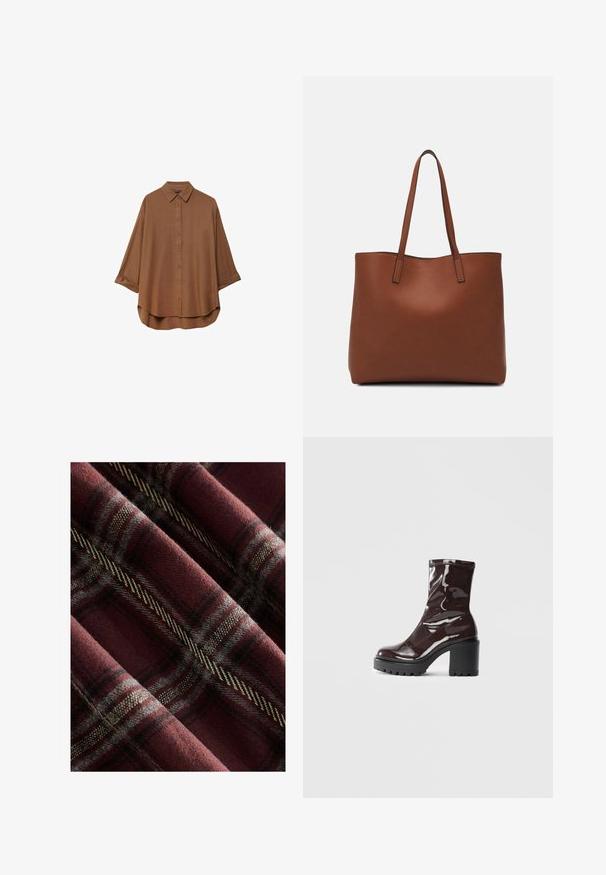 Braunes Button-Down-Hemd aus leichtem Stoff. Es hat einen klassischen Kragen, lange Ärmel mit umgeschlagenen Manschetten und einen abgerundeten Saum.; Kariertes Gewebe in Burgunderrot und Grau, das eine weiche Textur mit ausgeprägten schwarzen und cremefarbenen Linien sowie einem durchgängigen Gewebemuster zeigt.; Glatte bordeauxrote Ankle Boots mit einem klobigen schwarzen Absatz, die eine glatte Oberfläche und ein einfaches Design aufweisen. Keine sichtbaren Verschlüsse oder Muster.; Braune Leder-Tote mit glatter Textur, offenem Oberteil und zwei Schulterriemen. Verfügt über minimale Nähte und keine sichtbaren Beschläge.