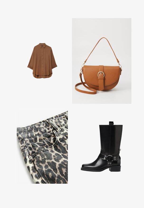 Camicia marrone con bottoni realizzata in tessuto leggero. Presenta un colletto classico, maniche lunghe con polsini arrotolati e un orlo arrotondato.; Tessuto denim con stampa leopardata caratterizzato da tonalità nere e beige, rivetti metallici, tasche cucite e un design della vita strutturato.; Stivale in pelle nera alto fino al ginocchio con punta affusolata, dettagli in argento e tacco largo. Presenta un inserto per facilitare l'indossamento.; Borsa a tracolla in pelle marrone con forma curvata, hardware dorato e un dettaglio con fibbia. Presenta una tracolla rimovibile.