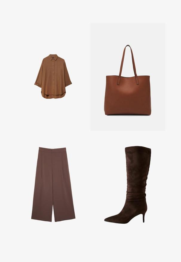 Brown button-up shirt made of lightweight fabric. Features a classic collar, long sleeves with rolled cuffs, and a rounded hemline.; Brown wide-leg trousers with a smooth texture, featuring a high waist and front pleats. The fabric is lightweight and flows loosely.; Brown suede knee-high boot with a pointed toe and a slim heel. The design features a gathered texture near the top for added detail.; Brown leather tote bag with a smooth texture, open top design, and two shoulder straps. Features minimal stitching and no visible hardware.