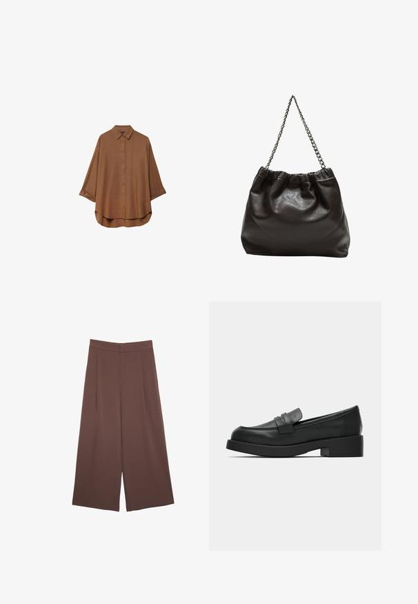 Braunes Button-Down-Hemd aus leichtem Stoff. Es hat einen klassischen Kragen, lange Ärmel mit umgeschlagenen Manschetten und einen abgerundeten Saum.; Braune Weite-Leg-Hosen mit einer glatten Textur, hoher Taille und Vorderfalten. Der Stoff ist leicht und fällt locker.; Schwarze Lederloafers mit runder Spitze, flacher Plattformsohle und gesteppten Details über dem Schaft. Einfaches, minimalistisches Design.; Braune Lederhandtasche mit gerafftem Oberteil und Kettenriemen. Glatte Textur mit glänzendem Finish und subtilen Nahtdetails an den Seiten.