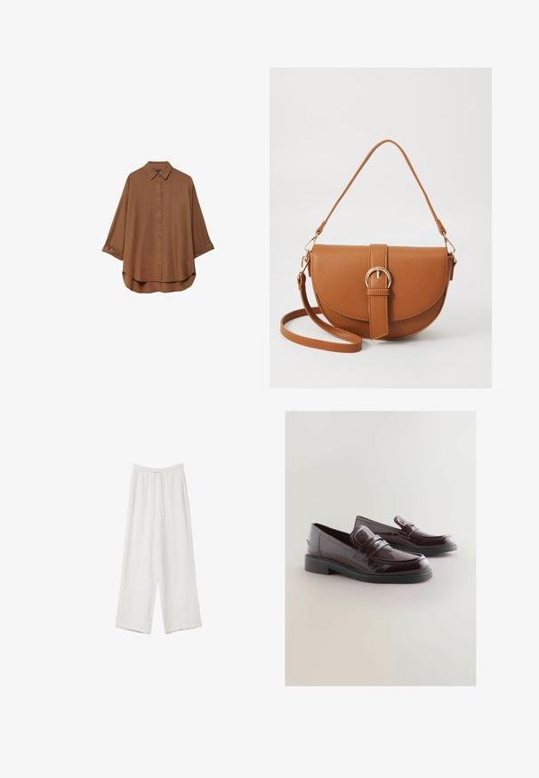 Hnedá košeľa s gombíkmi vyrobená z ľahkého materiálu. Má klasický golier, dlhé rukávy s vyhrnutými manžetami a zaoblený lem.; Biele široké nohavice vyrobené z ľahkej tkaniny. Obsahujú elastický pás so sťahovacou šnúrkou a bočné vrecká. Hladká textúra.; Burgundské patentné kožené mokasíny s okrúhlou špičkou, polstrovanou stielkou a čiernou gumovou podrážkou. Obsahujú dekoratívny remienok cez prednú časť.; Hnedá kožená kabelka cez telo s zakriveným tvarom, zlatými kovovými doplnkami a akcentom s prackou. Obsahuje odnímateľný ramenný popruh.