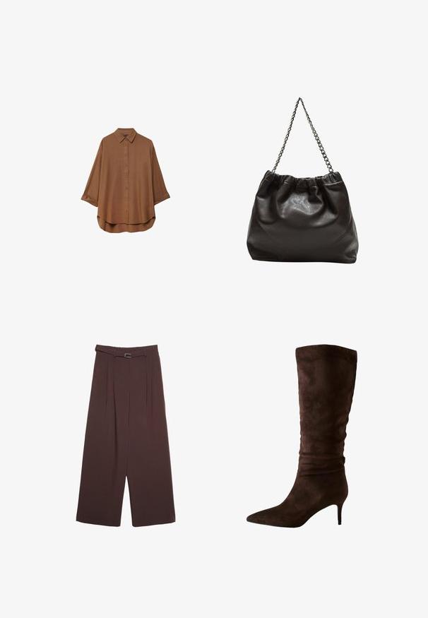 Hnedá košeľa s gombíkmi vyrobená z ľahkého materiálu. Má klasický golier, dlhé rukávy s vyhrnutými manžetami a zaoblený lem.; Stradivarius WIDE-LEG WITH BUCKLE DETAIL - Nohavice - dark brown; Hnedé semišové vysoké čižmy až po kolená s špicatou špičkou a úzkym opätkom. Dizajn obsahuje narezávanú textúru blízko vrchu pre dodatočný detail.; Hnedá kožená taška so zberaným vrchom a reťazovým popruhom. Hladký povrch s lesklým finišom a jemným švom po stranách.