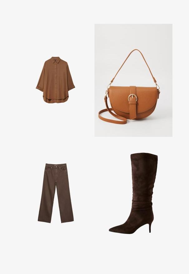 Brązowa koszula zapinana na guziki wykonana z lekkiego materiału. Posiada klasyczny kołnierzyk, długie rękawy z podwiniętymi mankietami oraz zaokrąglony dół.; Szerokie brązowe dżinsy wykonane z denimu, z wysokim stanem, przednimi kieszeniami i klasycznym zapięciem na guzik. Gładka faktura z subtelnym przeszyciem.; Brązowe zamszowe botki do kolan z wydłużonym noskiem i cienkim obcasem. Projekt posiada marszczoną teksturę w górnej części dla dodatkowego detalu.; Brązowa skórzana torba na ramię o zaokrąglonym kształcie, ze złotymi akcentami i zapięciem w formie klamry. Posiada odpinany pasek na ramię.