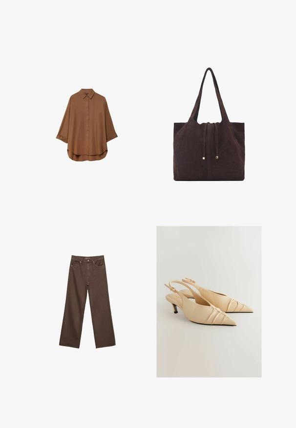Brązowa koszula zapinana na guziki wykonana z lekkiego materiału. Posiada klasyczny kołnierzyk, długie rękawy z podwiniętymi mankietami oraz zaokrąglony dół.; Szerokie brązowe dżinsy wykonane z denimu, z wysokim stanem, przednimi kieszeniami i klasycznym zapięciem na guzik. Gładka faktura z subtelnym przeszyciem.; Beżowe skórzane sandały na obcasie typu slingback z wąskim noskiem i marszczonym detalem. Posiadają niski obcas i regulowany pasek na kostkę.; Mango - Torba na zakupy