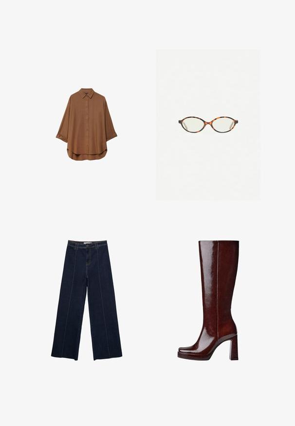 Hnědá košile s knoflíky z lehkého materiálu. Obsahuje klasický límec, dlouhé rukávy s ohrnutými manžetami a zaoblený lem.; Široké tmavé džíny s kontrastním šitím, vysokým pasem a rovnými nohavicemi. Obsahují přední kapsy a klasické zapínání na knoflík.; Lakované kožené boty v barvě burgundské, sahající po kolena, s čtveratou špičkou, vyvýšenou platformou a robustním blokovým podpatkem. Hladký povrch s minimem detailů.; Želvovinové brýle s oválnými čočkami a hladkým, jemným povrchem. Má tenké bočnice s jemným zakřivením v chrámcích. Čiré čočky.