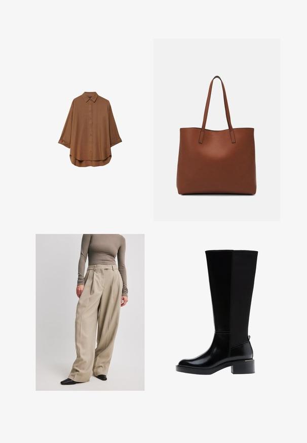 Rjava srajca s kratkimi rokavi, izdelana iz lahkotnega materiala. Ima klasičen ovratnik, dolge rokave s podloženimi manšetami in zaobljen rob.; NA-KD Hlače - beige; Črni škornji do kolen z gladkim usnjenim zaključkom, izrazitim šivanjem, robustnim petnim delom in teksturirano zadnjo ploščo za dodatno zanimivost.; Rjava usnjena torba z gladko teksturo, odprto zasnovo zgoraj in dvema naramnima trakovoma. Opremljena je z minimalnim šivanjem in brez vidnih kovinskih delov.