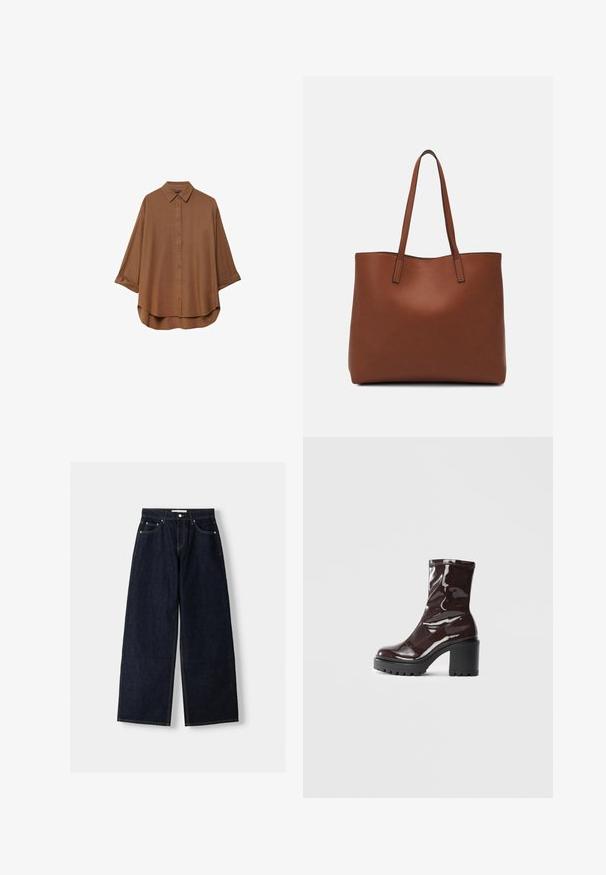 Brun skjorte med knapper lavet af letvægtsstof. Har en klassisk krave, lange ærmer med oprullede manchetter og en rund bund.; Mørkeblå denim wide-leg jeans med høj talje, fem lommer, kontraststing og sølvfarvet metalbeslag. Glat overflade og pæn finish.; Glatte burgunder ankelstøvler med en chunky sort hæl, der har en glat tekstur og et simpelt design. Ingen synlige lukninger eller mønstre.; Brun læder tote taske med en glat overflade, åben topdesign og to skulderremme. Har minimal syning og ingen synlig hardware.