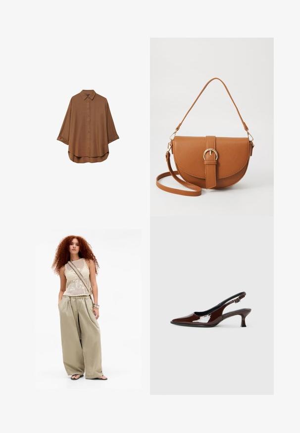 Brown button-up shirt made of lightweight fabric. Features a classic collar, long sleeves with rolled cuffs, and a rounded hemline.; Young woman with long curly red hair wearing a beige sleeveless knit top, wide-legged khaki pants, flip-flops, crossbody bag, and bracelets.; Brown patent leather slingback shoe with a pointed toe and a moderate heel. Features a buckle strap for secure fit. Smooth texture.; Brown leather crossbody bag with a curved shape, gold hardware, and a buckle accent. Features a detachable shoulder strap.