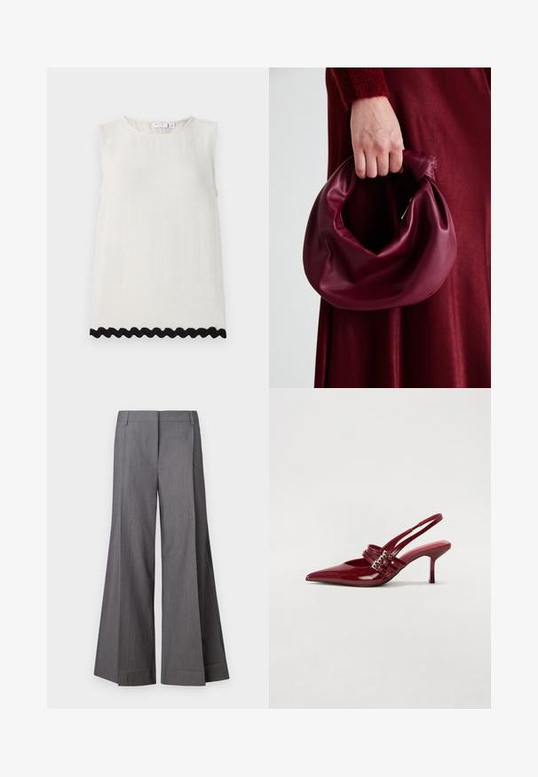 Ujj nélküli, krémszínű len póló, kerek nyakkal és texturált anyagból; a hemnél fodros fekete díszítéssel rendelkezik.; Szürke, széles szárú nadrág, texturált anyagból készült, magas derékkal és elöl pleátokkal. A szegélyek tiszták, kiegészítő díszítések nélkül.; Piros lakkbőr slingback sarokcipő, hegyes orral, két csatoló pánttal és vékony, közepes magasságú stiletto sarokkal. Simább textúrájú.; Burgundi bőrtáska puhán ráncolt dizájnnal és kerek alakban. A fogantyú rögzítve van, sima textúrával rendelkezik.