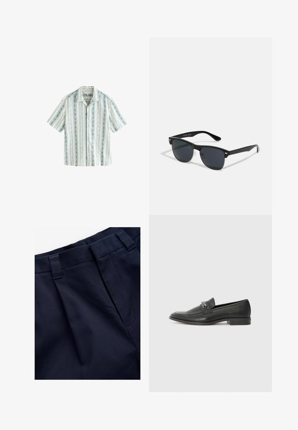 Next SHORT SLEEVE TEXTURED STRIPE - Camicia - blue white; Pantaloni a pieghe blu navy realizzati in un tessuto liscio e testurizzato. Presentano una vita piatta e passanti per cintura, progettati per comfort e vestibilità.; Mocassino in pelle nera con finitura liscia, caratterizzato da un design cucito e da un accento decorativo in catena metallica sul vamp. Tacco piatto.; Occhiali da sole neri con forma rettangolare, lenti scure, dettagli in argento alle tempie e finitura opaca sulla montatura.