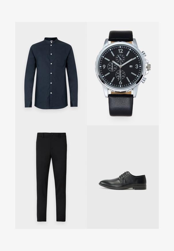 Camisa de homem azul-marinho escura de manga comprida, feita de algodão, com gola tipo padre, botões frontais e bolso no peito esquerdo. Textura suave.; Calças pretas justas com textura lisa, fecho de botão, passantes para cinto e sem padrões ou detalhes visíveis.; Sapatos pretos de couro com atacadores, acabamento suave, bico fino e salto bloco baixo. Apresenta cinco pares de ilhós para os atacadores.; Relógio com bracelete de couro preto e caixa em aço inoxidável prateado. O mostrador preto apresenta marcadores de hora brancos, ponteiros prateados e três submostradores.