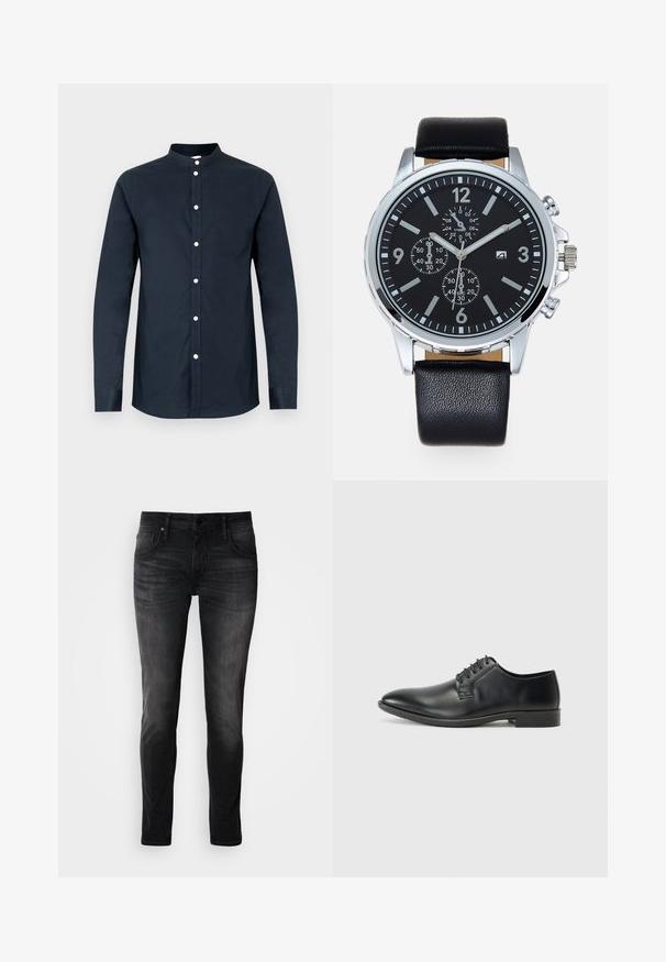 Camisa de homem azul-marinho escura de manga comprida, feita de algodão, com gola tipo padre, botões frontais e bolso no peito esquerdo. Textura suave.; Calças de ganga preta com um corte slim, design de cinco bolsas, desbotamento subtil e costura em contraste. Apresenta um clássico fecho metálico com botão e zip.; Sapatos pretos de couro com atacadores, acabamento suave, bico fino e salto bloco baixo. Apresenta cinco pares de ilhós para os atacadores.; Relógio com bracelete de couro preto e caixa em aço inoxidável prateado. O mostrador preto apresenta marcadores de hora brancos, ponteiros prateados e três submostradores.