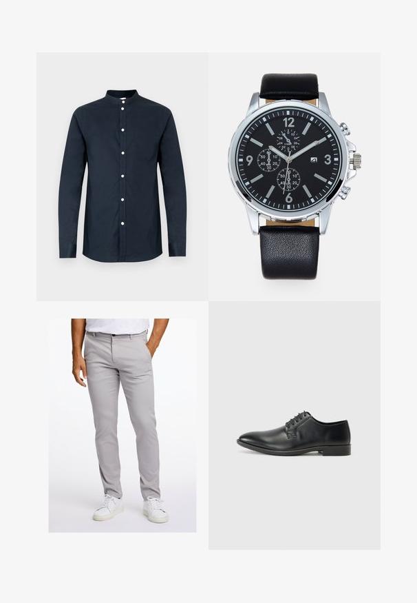 Meeste tumeda mereväe sinine pikad varrukad särk, valmistatud puuvillast, millel on püstkrae, eest nupud ja vasakpoolne rinnatasku. Sile tekstuur.; Heledad hallid püksid siledast kangast, õhukese lõikega, ees taskud ja standardne vööosa nööbiga kinnitamine. Kombineeritud valgete tossudega.; Mustast nahast kingad, millel on sile pind, paelaga kinnituse disain, terav nina ja madala profiiliga kummist tald. Minimalistlik kuju ja detailid.; Mustmust nahkrihma kell hõbedasest roostevabast terasest korpusega. Mustal kellaplaadil on valged tunni markerid, hõbedased käed ja kolm aladialku.