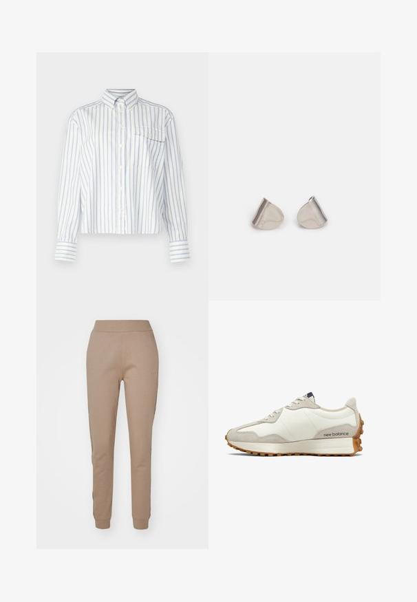 GANT Hemdbluse - eggshell; Beige Jogginghosen aus weichem Stoff mit schmal zulaufendem Schnitt, elastischem Bund und Bündchen sowie dezentem Logodetail an der Seite.; Weiße und beige Sneaker mit einem glatten Lederobermaterial, Wildlederakzenten, runder Zehenform und einer strukturierten Gummisohle. Markenname an der Seite gedruckt.; Silberne Metalohrringe mit einer glatten, tröpfchenförmigen Form und einer polierten Oberfläche. Subtile Gravuren fügen Details hinzu. Minimalistisches Design.