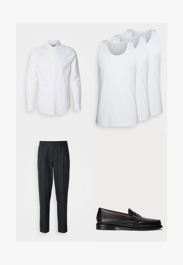 Chemise blanche à manches longues en coton, dotée d'un col structuré, d'une broderie de logo discrète et de boutons beige clair.; Lot de trois débardeurs blancs en coton, avec un col rond et une coupe sans manches, texture lisse et coupe standard.; Pantalons ajustés en tissu gris foncé avec des fines rayures verticales ; dispose d'un bouton de fermeture et d'un design à front plissé.; Mocassin en cuir noir avec un bout arrondi, des détails cousus et une sangle décorative à l'avant. Semelle plate avec un profil minimal.