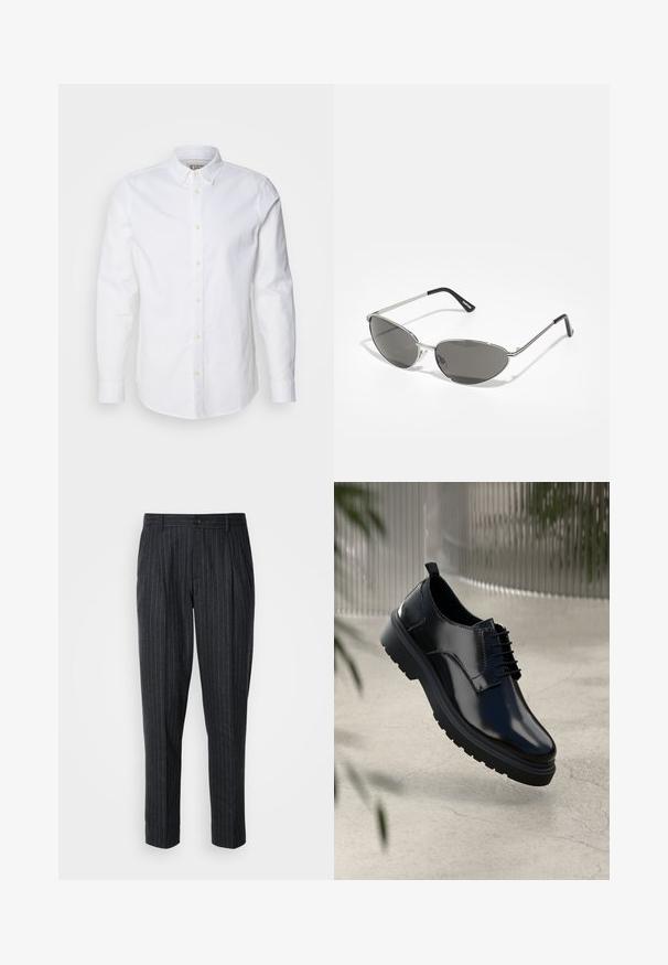 Camicia bianca a maniche lunghe con bottoni, realizzata in cotone, con colletto strutturato, ricamo del logo discreto e bottoni color beige chiaro.; Pantaloni su misura in tessuto grigio scuro con sottili righe verticali; presentano una chiusura con bottone e una parte anteriore plissettata.; Scarpa in pelle nera con finitura lucida, punta rotonda, design con lacci, cuciture a contrasto e una spessa suola in gomma con motivi antiscivolo.; Occhiali da sole con una struttura elegante in metallo argentato, lenti grigio scuro e un design aerodinamico caratterizzato da bordi appuntiti e aste sottili.