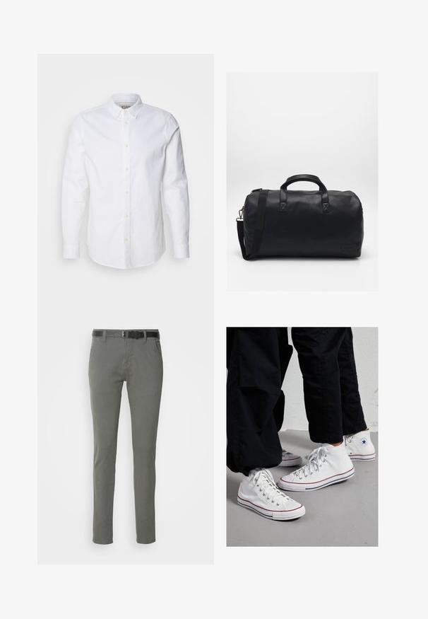 Valge pikkade varrukate ja nööbiga särk, mis on valmistatud puuvillast. Särgil on struktureeritud krae, diskreetne logo tikand ja heledatest tan värvi nupukesed.; Hallid puuvillased chinos, millel on kitsas lõige, must vöö, kaks küljetaskut ja lihtne disain. Pehme tekstuur, ilma nähtavate mustriteta.; Valge kanvasest kõrgemad spordijalatsid kummist tallaga, millel on hõbedased silmad ja punased ning tumesinised triibud tallal.; Must musta käsnaga valmistatud tekstureeritud sünteetilisest materjalist. Omab kahte käepidet ja reguleeritavat õlavarre rihma. Lihtne disain ilma nähtavate mustriteta.