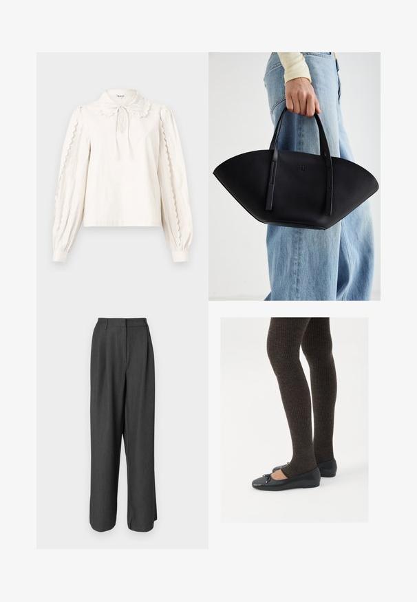 Fehér, hosszúujjú blúz, fodros szegéllyel az ujjakon, Péter Pál gallérral és megkötött masnival, valamint gombbal záródó mandzsettákkal.; Sötétszürke, bőszárú nadrág, igényes szabással. Simább textúrával, hajtott részlettel és közép magas derékkal rendelkezik.; Fekete lapos cipők kis masni díszítéssel az orrán, sötétbarna bordázott harisnyával párosítva. A cipők sima textúrával és alacsony profilúak.; Fekete bőr kézitáska egyedi legyezőformával, lapos füllel. A felülete kőriszerű textúrájú és minimalista dizájnnal rendelkezik.