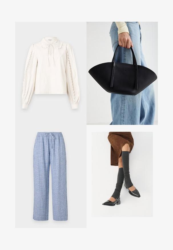 Valge pikkade varrukatega pluus, mille varrukate servades on lainelised ääred, Peter Pani krae koos nööritud paelaga ja nööpidega mansetid.; Sinised ruudulised pidžaamapüksid, millel on elastne vöökoht ja nööriots. Lahtine lõige, pehme kangatekstuur. Taskud pole nähtavad.; Mustad patsaline odav värviga kingad, millel on kreen ja pahkluuring, on paaritatud hallide ribakudumitega sääremiidega ja pruunist nahast seelikuga.; Must mustra kott, millel on unikaalne fännikujuline disain, millel on lapikud käepidemed. Pinna tekstuur on kivikujuline ja disain on minimalistlik.