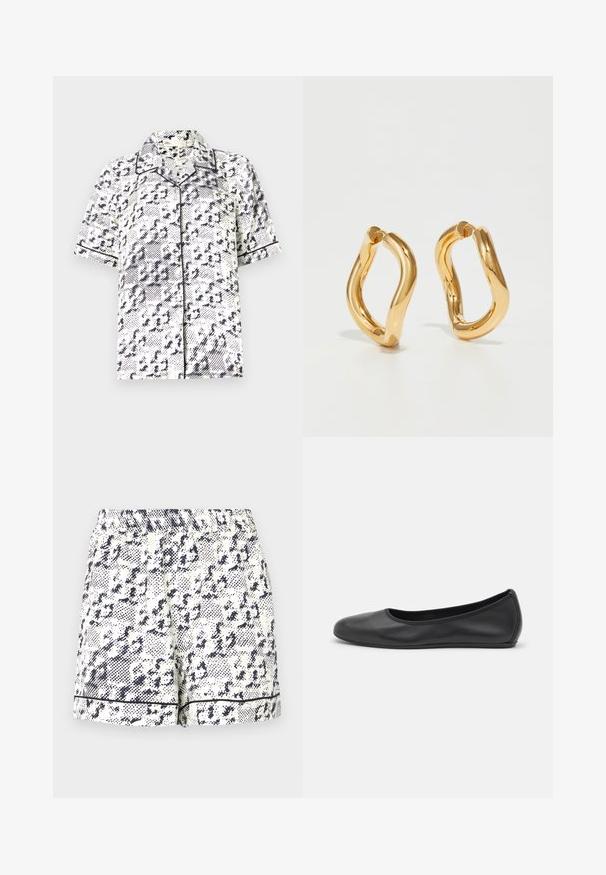 Camicetta a maniche corte in bianco con un motivo astratto blu navy, dotata di colletto classico e piping nero a contrasto lungo i bordi.; Pantaloni corti bianchi con un motivo astratto nero, vita elasticizzata e bordo nero solido lungo l'orlo. Realizzati in un tessuto leggero.; Pantofole da balletto nere in pelle con punta arrotondata, texture liscia, dettagli di cucitura minimi e design con suola flessibile.; Orecchini a cerchio color oro con una forma curva e irregolare e una superficie liscia e lucida. Nessun hardware o accenti visibili.