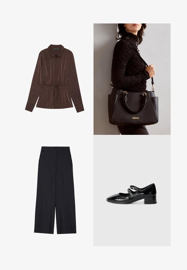 Brun knapp-up skjorte med krage, lange ermer og knyttet midje. Myk, teksturert stoff med subtile mønstre gjennom hele.; Bredde benbukser i mørk marinefarge, med en jevn tekstur, frontfalter og dekorative gullfargede øyespenner på sidelommene.; Sorte patentlær Mary Jane-sko med spiss tå, to justerbare reimer med sirkulært beslag og en lav blokkheel.; Svart håndveske med teksturert overflate, doble topphåndtak og justerbar skulderrem. Har detaljer i gulltone og sidelommer.